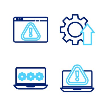 Dizüstü bilgisayarı ünlem işareti, parola, ok geliştirme teçhizatı ve tarayıcı simgesi ile ayarla. Vektör