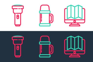 Ormanın yerini monitöre, el fenerine ve termos konteynır ikonuna ayarla. Vektör