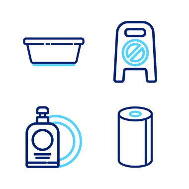 Kağıt havlu rulosu, bulaşık deterjanı, tabak ve şişe, ıslak zemin temizleme süreci ve plastik leğen ikonu. Vektör