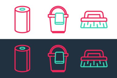 Temizlik için fırça, kağıt havlu rulosu ve paçavra ikonlu kova ayarlayın. Vektör