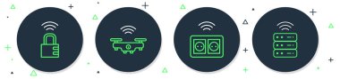 Hattı ayarla Akıllı İHA, elektrik prizi, güvenli kombinasyon kilidi ve sunucu simgesi. Vektör