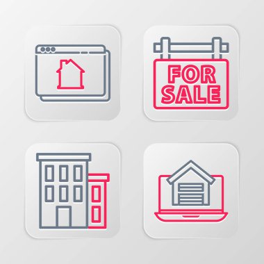 Çevrimiçi Emlak Evi, Ev, Satılık ve İkonla Asılma Tabelası. Vektör