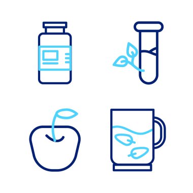 Bir bardak çay ve yaprak, Apple, Labaratuvar cam yaprakları ve Kolajen serum ikonu. Vektör