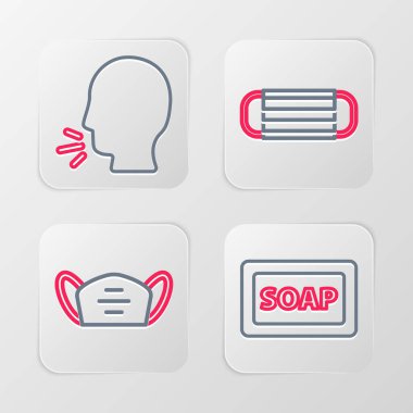 Sıra sabun, tıbbi koruyucu maske ve öksüren adam ikonu. Vektör