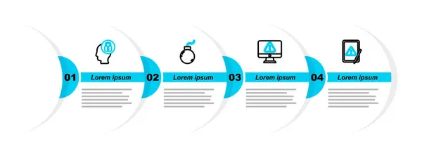 stock vector Set line Tablet with exclamation mark, Monitor, Bomb ready explode and Human head lock icon. Vector
