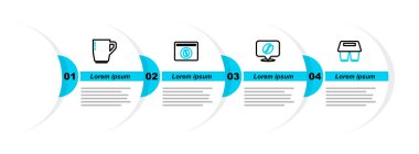 Sıralı kahve fincanı, kahve çekirdeği, kahve çekirdeği ve ikonlu yer. Vektör