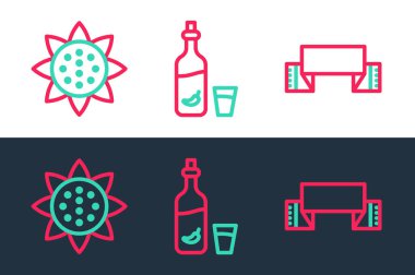 Sıraya dizilmiş havlu, ayçiçeği ve biber ve cam ikonlu votka. Vektör