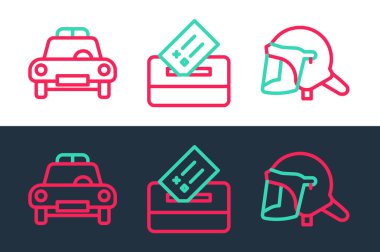 Polis miğferi, arabası, teşhircisi ve oy sandığı ikonu. Vektör