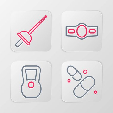 Vitamin hapı, kettlebell, boks kemeri ve eskrim ikonu. Vektör