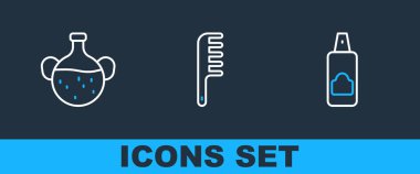 Saç spreyi için çizgi spreyi kutusu, gerekli yağ şişesi ve saç fırçası ikonu. Vektör