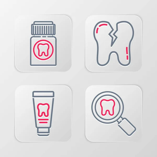 Définir Ligne Recherche Dentaire Tube Dentifrice Broken Painkiller Tablet Icon — Image vectorielle