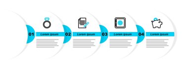 Piggy Bank, Safe, Document, kalem ve Diamond nişan yüzüğü ikonu. Vektör