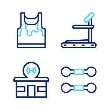 Set hattı Dumbbell, spor salonu, koşu bandı makinesi ve terli kolsuz tişört ikonu. Vektör