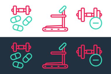 Dambıl, dambıl ve koşu bandı ikonu ile spor doping hattı ayarlayın. Vektör