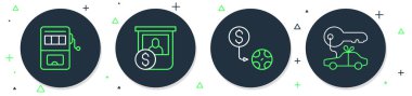 Kumarhane fişleri değişimi, kumar makinesi ve araba hediye ikonu. Vektör