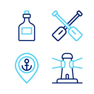 Lighthouse hattı, çapalı konum, Paddle ve Rum şişesi ikonu. Vektör