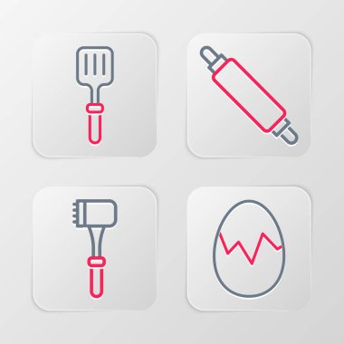 Sabit hat, kırık yumurta, mutfak çekici, merdane iğnesi ve ızgara spatula ikonu. Vektör