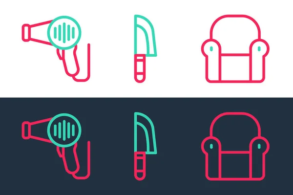 stock vector Set line Armchair, Hair dryer and Knife icon. Vector