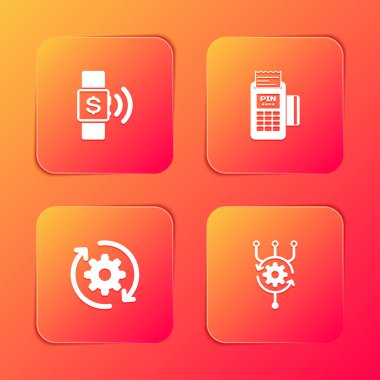 Temassız ödeme, POS terminali, dişli ve okları iş akışı ve Algoritma simgesi olarak ayarla. Vektör.