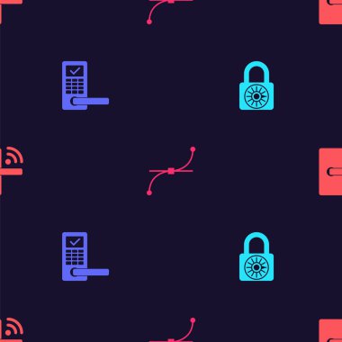 Güvenli kilit çarkını, kablosuz dijital kapıyı, Bezier eğrisini ve kusursuz deseni ayarla. Vektör.