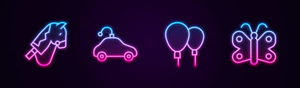 采购产品布线玩具马 收音机控制的汽车玩具 气球和蝴蝶 发光的霓虹灯图标 — 图库矢量图片