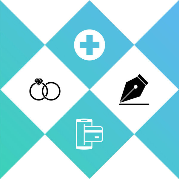 В комплект входят обручальные кольца, NFC-оплата, медицинский крестик и значок перьевой ручки Fountain. Вектор.