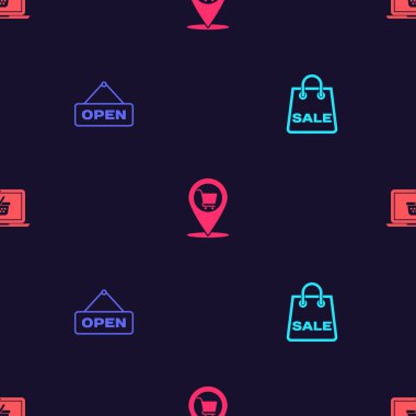 Alışveriş çantasını Satış, asma işareti açık kapı, konum alışveriş arabası ve sepet dizüstü bilgisayarı kusursuz desenli olarak ayarla. Vektör.