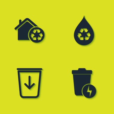 Eco House 'u geri dönüşümle, yıldırım çöp tenekesiyle temiz su simgesini gönder ve geri dönüştür. Vektör.