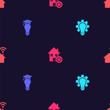 Ampul ve teçhizat, mezuniyet şapkası, akıllı ev ve kablosuz ağ bağlantısı. Vektör.