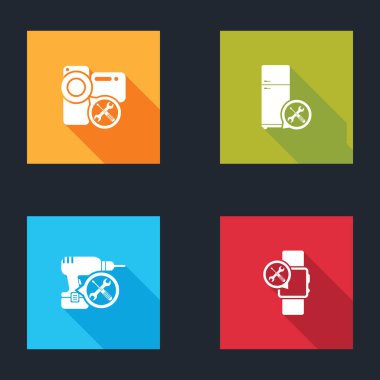 Video kamera servisini, buzdolabını, matkap makinesini ve Smartwatch simgesini ayarla. Vektör.