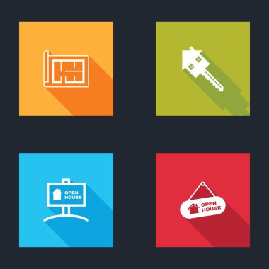 Ev planı, anahtar, asma tabelası ev ve simge. Vektör.