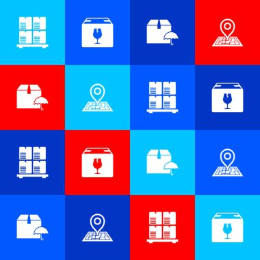 Karton kutuları palete, kırılgan içerikli teslimatı, paket şemsiyesini ve Yer Tutucu harita simgesini ayarla. Vektör.