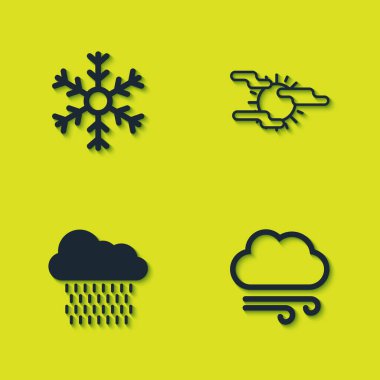 Kar Tanesi 'ni, Rüzgarlı Hava' yı, Yağmurlu Bulut 'u, Sis' i ve Güneş ikonunu ayarla. Vektör.