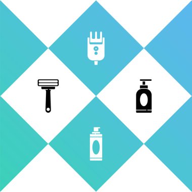 Traş bıçağı, jöle köpüğü, elektrikli saç tıraş makinesi ve krem losyon kozmetik tüp ikonu. Vektör.