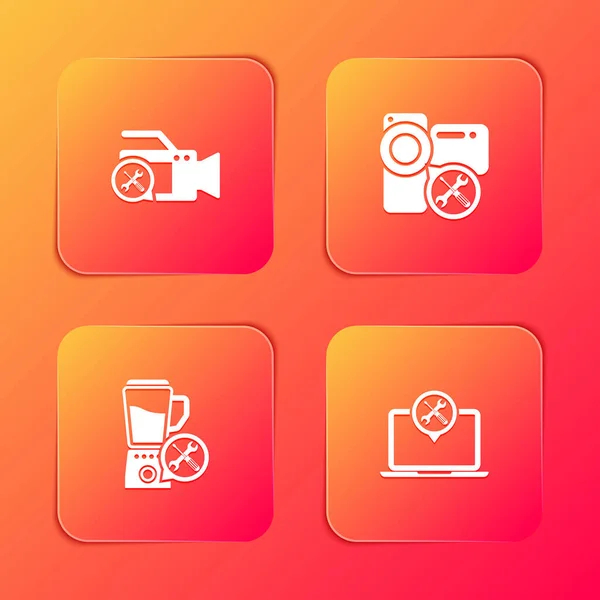 Set Video camera service, , Blender and Laptop icon. Vector.