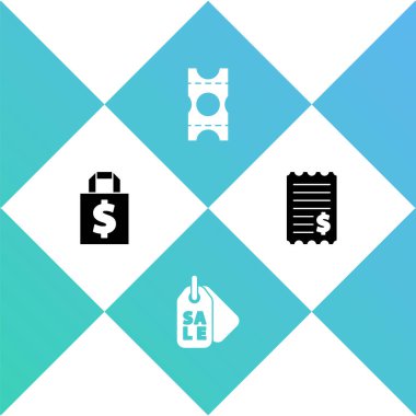 Shoping çanta ve dolar, Sale, Coupon ve Paper çek ikonu ile fiyat etiketi ayarlayın. Vektör.