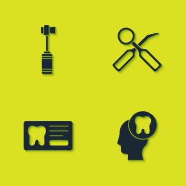 Diş fırçasını, dişli insan kafasını, diş kartını ve ayna ikonunu ayarla. Vektör.