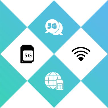 5G Sim Card, Globe, network ve Wi-Fi kablosuz ikonunu ayarla. Vektör.