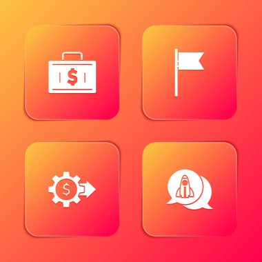 Çanta ve parayı ayarla, konum işaretleyicisi, dolar ve Startup proje simgesi ile Gear. Vektör.