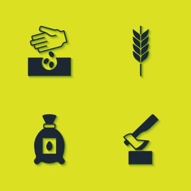 Tohum, tahta balta, bitki ve buğday ikonu dolu tohum paketleri. Vektör