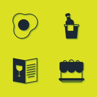 Çırpılmış yumurta, kek, restoran kafe menüsü ve buz kovası ikonunda şampanya. Vektör