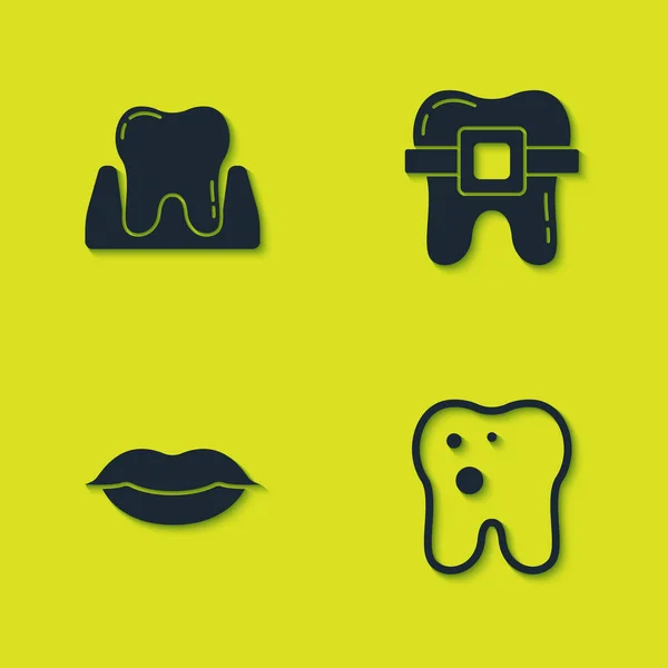 Set Tooth Com Cárie Lábios Sorridentes Aparelho Dentes Ícone Vetor —  Vetores de Stock