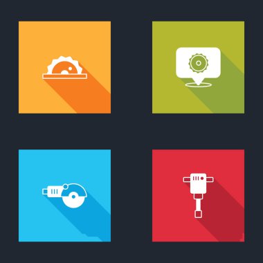 Elektrikli testere, dairesel bıçak, açılı öğütücü ve inşaat matkabı ikonu. Vektör