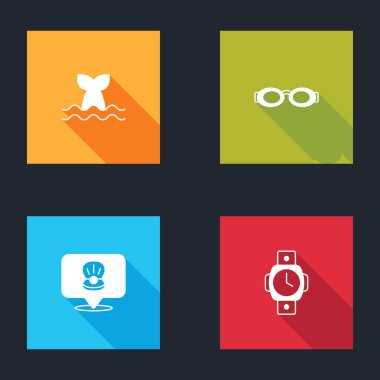 Balina kuyruğu, yüzmek için gözlük, deniz kabuğu ve dalış ikonu. Vektör