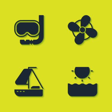 Dalış maskesi, şnorkel, Sun, Yat yelkenlisi ve tekne ikonu. Vektör