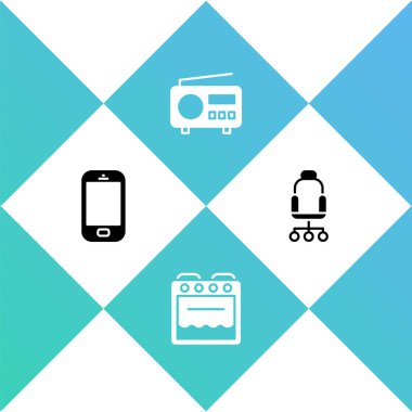 Cep telefonunu, fırını, radyo ve ofis sandalye ikonunu ayarla. Vektör