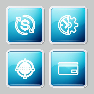 Yatırım, saat ve teçhizat iadesi, dış kaynak konsepti ve kredi kartı simgesi. Vektör.