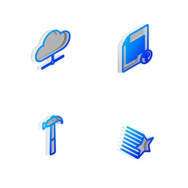 Isometric satırı Bilinmeyen belge, Ağ bulut bağlantısı, Çekiç ve Düşen yıldız simgesini ayarla. Vektör.