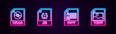 WMA dosya belgesi, JS, PPT ve TIFF satırlarını ayarla. Parlayan neon ikonu. Vektör.