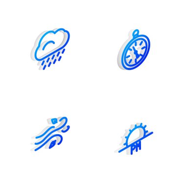 Isometric Hattı Pusula, Yağmurlu Bulut, Rüzgar ve Günbatımı simgesini ayarla. Vektör.